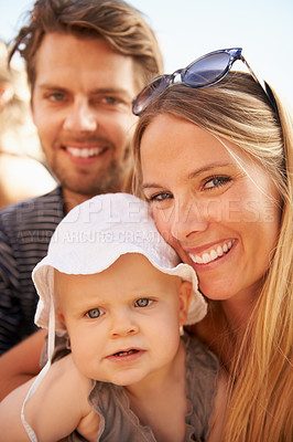 Buy stock photo Man, woman and baby portrait for outdoor happy or nature childhood development, connection for bond. Mother, father and smile with kid as family at festival outing for holiday, vacation or weekend