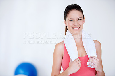 Buy stock photo Smile, gym mockup or portrait of happy woman with towel for fitness or wellness with confidence. Proud, female athlete or healthy sports person ready to start workout, training or exercise with space