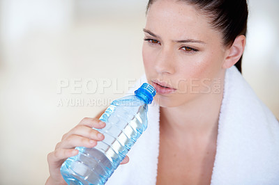Buy stock photo Tired, relax or woman drinking water on break after exercise, workout or fitness training in gym. Fatigue, healthy person or thirsty sports athlete with liquid bottle for wellness, rest or hydration 