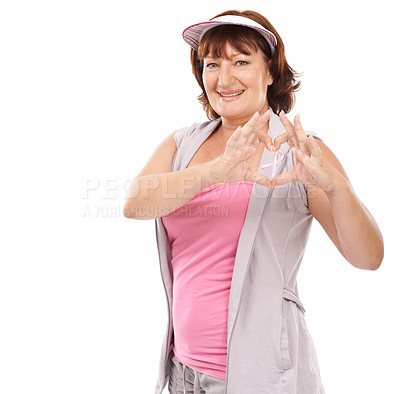 Buy stock photo Mature portrait woman, breast cancer ribbon and heart hands for awareness, disease recovery fitness or support. Emoji care icon, survivor love gesture or studio model compassion on white background