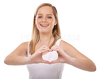 Buy stock photo Portrait, breast cancer ribbon or happy woman heart hands, studio awareness campaign or survivor support. Emoji care icon, health sign or girl love in disease recognition movement on white background