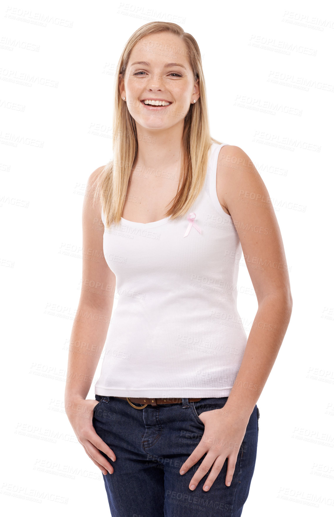 Buy stock photo Happy portrait, breast cancer ribbon and woman smile for studio recovery, awareness campaign or support. Survivor empowerment, health sign or pride in disease recognition movement on white background