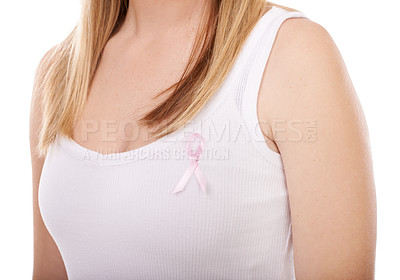 Buy stock photo Woman, pink and ribbon for breast cancer, support or raise awareness against a white studio background. Closeup of female person or blonde with symbol, bow or band for voice, start or launch campaign