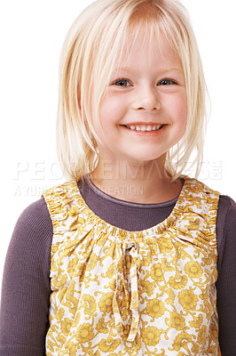 Buy stock photo Portrait of a cute little girl smiling and standing against a white background