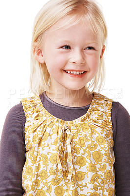 Buy stock photo Happy, smile and face of child on a white background with cheerful, joy and positive facial expression. Childhood, youth and closeup of isolated young girl with confidence, fashion or style in studio