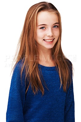 Buy stock photo Portrait of a gorgeous young girl smiling against a white background