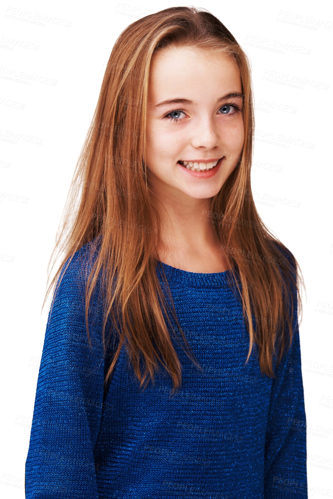 Buy stock photo Portrait of a gorgeous young girl smiling against a white background