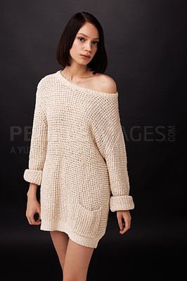 Buy stock photo Confident, sweater and portrait of woman in studio for fashion, winter style and trendy clothes. Cosmetics, natural beauty and person with jersey for cozy, comfortable and warm on dark background