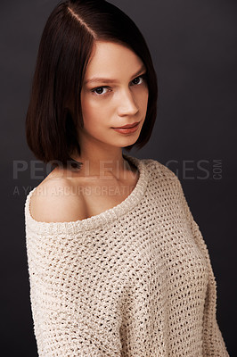 Buy stock photo Fashion, sweater and portrait of woman on black background for beauty, winter style and trendy clothes. Confidence, shoulder and face of natural person with jersey for cozy, comfort or warm in studio
