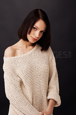 Buy stock photo Fashion, sweater and portrait of woman on dark background for beauty, winter style and trendy clothes. Confidence, shoulder and face of natural person with jersey for cozy, comfort and warm in studio