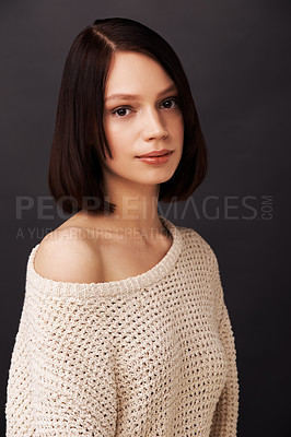 Buy stock photo Fashion, jersey and portrait of woman on gray background for natural beauty, winter style and trendy clothes. Model, shoulder and face of person with sweater for cozy, comfort and warm in studio