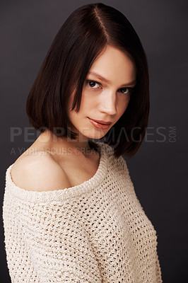 Buy stock photo Beauty, jersey and portrait of woman on dark background for fashion, winter style and trendy clothes. Confidence, shoulder and face of natural person with sweater for cozy, comfort and warm in studio