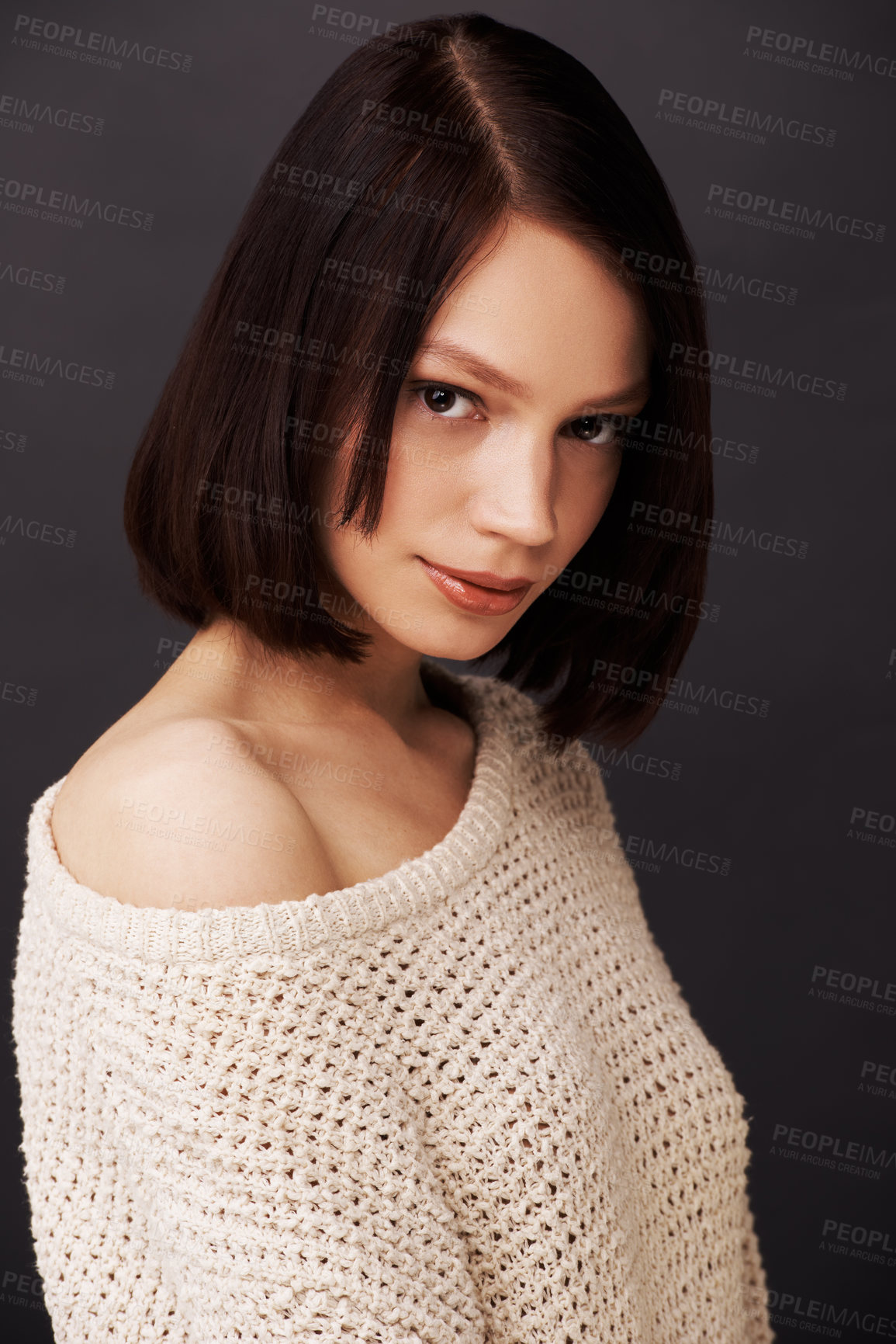 Buy stock photo Beauty, jersey and portrait of woman on dark background for fashion, winter style and trendy clothes. Confidence, shoulder and face of natural person with sweater for cozy, comfort and warm in studio