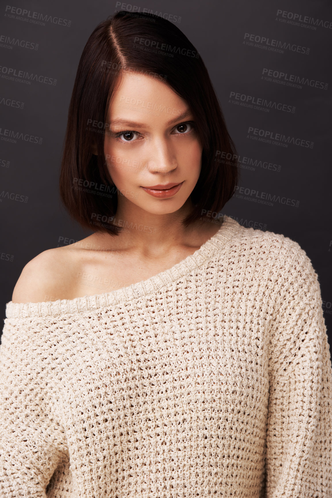 Buy stock photo Confident, sweater and portrait of woman on dark background for fashion, winter style and trendy clothes. Natural beauty, shoulder and face of person with jersey for cozy, comfort and warm in studio