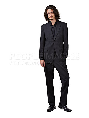 Buy stock photo Fashion suit, thinking and studio man planning outfit choice, formal attire or decision for fancy, elegant or classy apparel. Smart clothes, mockup space or stylish model isolated on white background