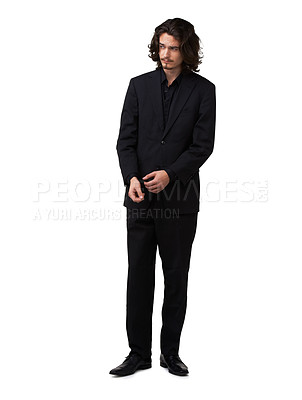 Buy stock photo Handsome young man posing in a black suit - full length