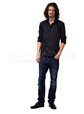 Buy stock photo Fashion model thinking, relax and studio man with casual outfit, trendy style or planning apparel style, jeans and shirt choice. Clothes inspiration, mockup space and person smirk on white background