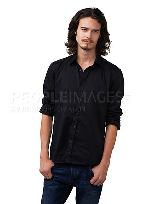 Buy stock photo Fashion clothes, portrait and studio man with semi casual outfit, style or confident in apparel, denim jeans and dress shirt. Relax, satisfaction and stylish male model isolated on white background