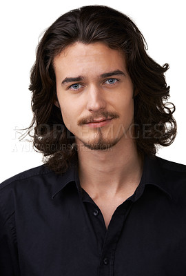 Buy stock photo Handsome young man with shoulder-length hair and a goatee smiling at the camera