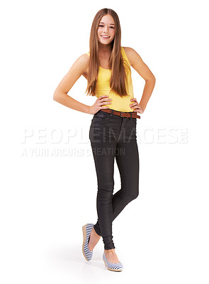 Buy stock photo Fashion, confident and portrait of girl on a white background for positive attitude, happy and style. Hands on hips, youth and isolated teenager in trendy clothes, casual outfit and stylish in studio