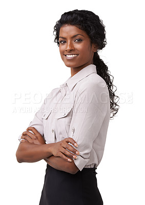 Buy stock photo Confident, Indian woman and smile with arms crossed for career ambition or vision against a white studio background. Portrait of happy isolated woman smiling with crossed arms standing in confidence