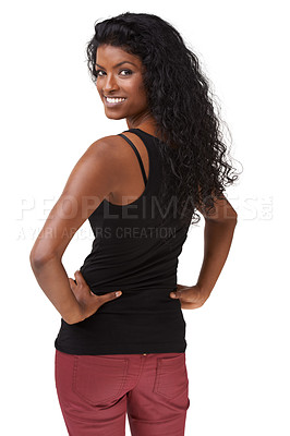 Buy stock photo Portrait, back and fashion with an indian woman standing hands on hips in studio on a white background. Attitude, style and beauty with an attractive young girl posing in contemporary clothes