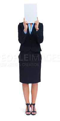 Buy stock photo Woman, mockup and poster in studio for information news, communication or business sale. Female person, board and hiding face as corporate worker for about us contact, signage on white background