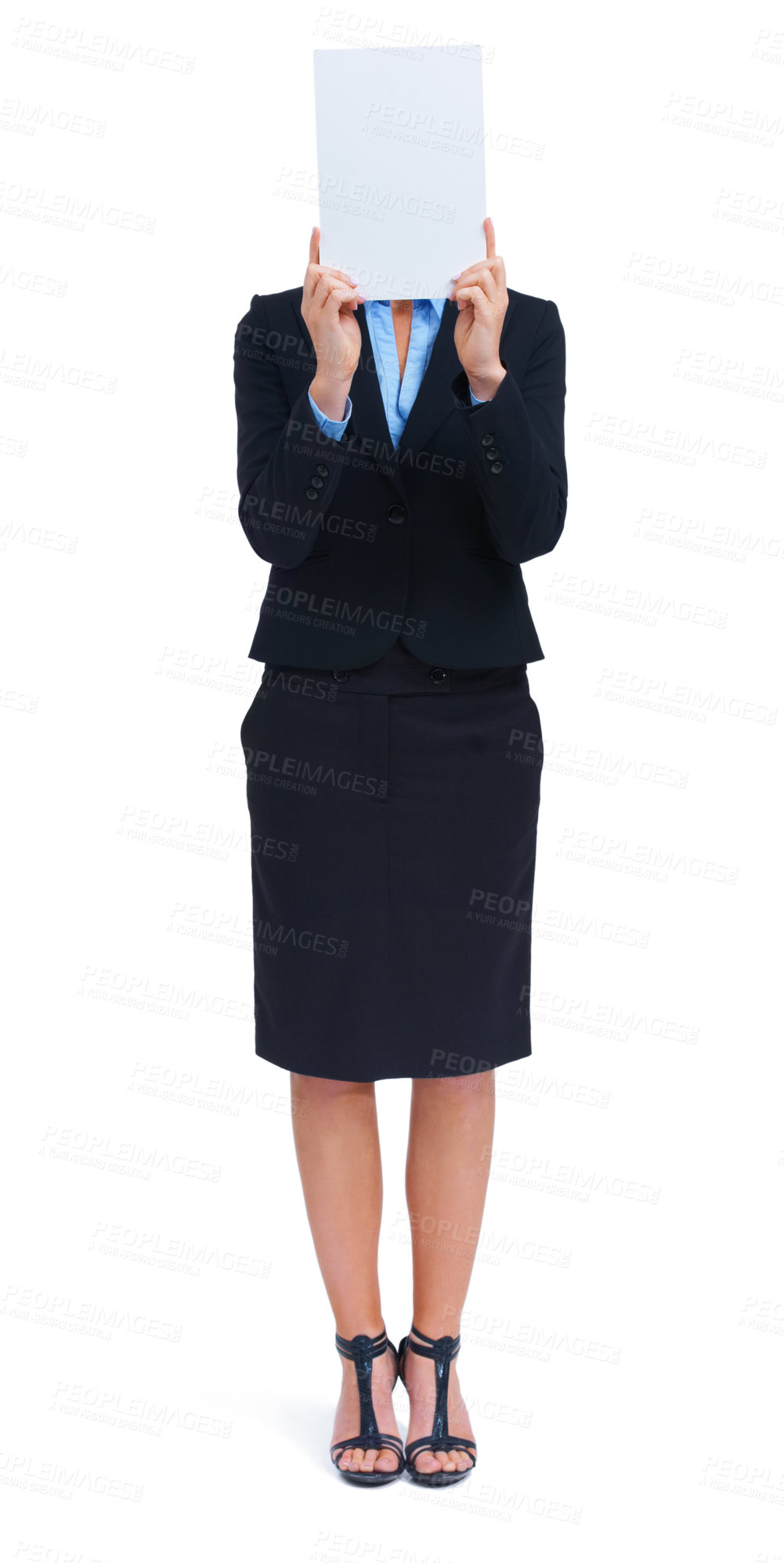 Buy stock photo Woman, mockup and poster in studio for information news, communication or business sale. Female person, board and hiding face as corporate worker for about us contact, signage on white background