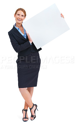 Buy stock photo Woman, portrait and poster mockup in studio for information news, communication or business sale. Female person, board and advertising as corporate worker or about us, signage on white background
