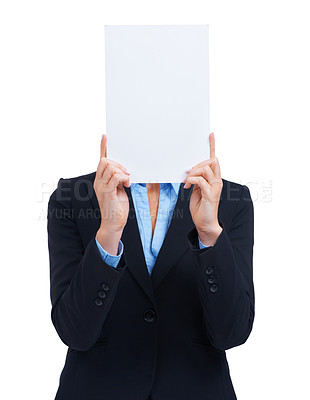 Buy stock photo A young businesswoman holding a placard in front of her face