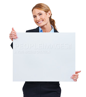 Buy stock photo Woman, portrait and poster mockup in studio or billboard announcement, communication or information. Female person, contact details and corporate worker news or about us, signage on white background