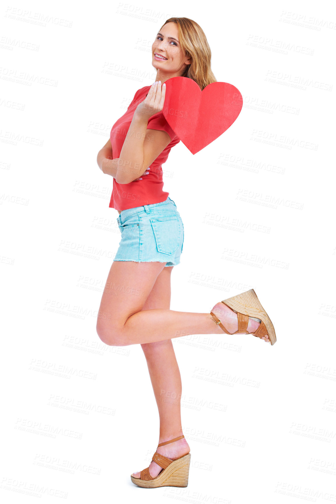 Buy stock photo Woman, heart poster and studio for valentines day event, emoji love icon or white background. Female person, portrait and mockup space or happy for secret admirer, romance gift or cardboard symbol