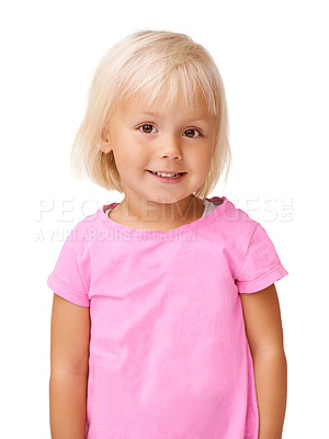 Buy stock photo Young child, smile portrait and pink t-shirt for trendy, cute or modern kids fashion in white background studio. Little girl, happy face and standing with confidence, cool and fashionable tshirt