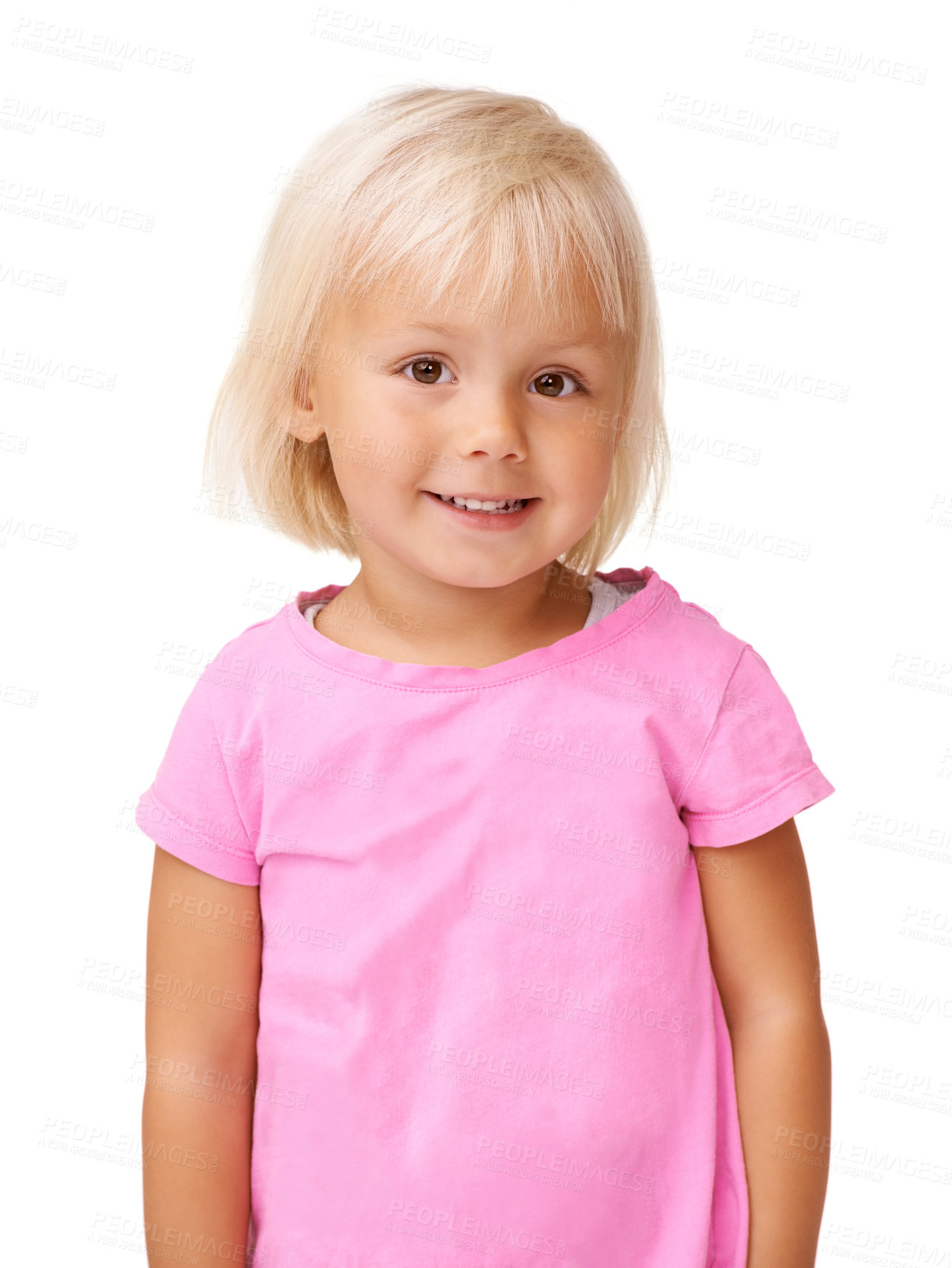 Buy stock photo Young child, smile portrait and pink t-shirt for trendy, cute or modern kids fashion in white background studio. Little girl, happy face and standing with confidence, cool and fashionable tshirt