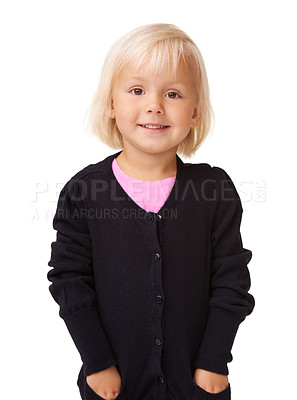 Buy stock photo Happy, smile and portrait of a girl with casual fashion looking cute and adorable with white background. Isolated, sweet and child in a studio with vertical mock up with happiness and sweet smiling