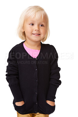 Buy stock photo Fashion, youth and girl on a white background with smile pose in trendy, stylish and casual clothes. Childhood, happiness and young child isolated in studio with style, happy and sweet attitude 