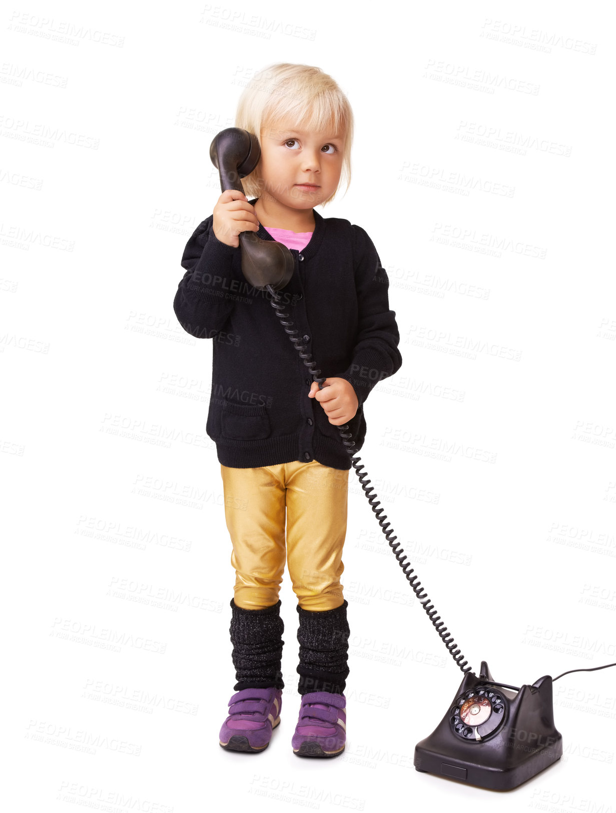 Buy stock photo Girl child, retro telephone and studio background for communication, conversation and contact. Cute young kid talking on vintage phone call, connection and antique electronics on white background