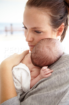 Buy stock photo Family, hug and mother with a baby, love and sleeping with care, bonding and loving together. Mama, infant and toddler embrace, rest and relax with child development, newborn and support with safety