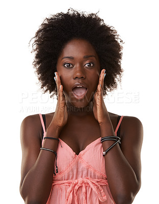 Buy stock photo Wow face, black woman and portrait in studio, isolated white background and crazy announcement. Model surprise at gossip, secret news and emoji for wtf notification, curious announcement and shocked