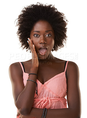 Buy stock photo Shock, surprise and portrait of a black woman in a studio with a omg, wtf or wow facial expression. Shocked, surprised and African female model amazed at good news isolated by a white background.