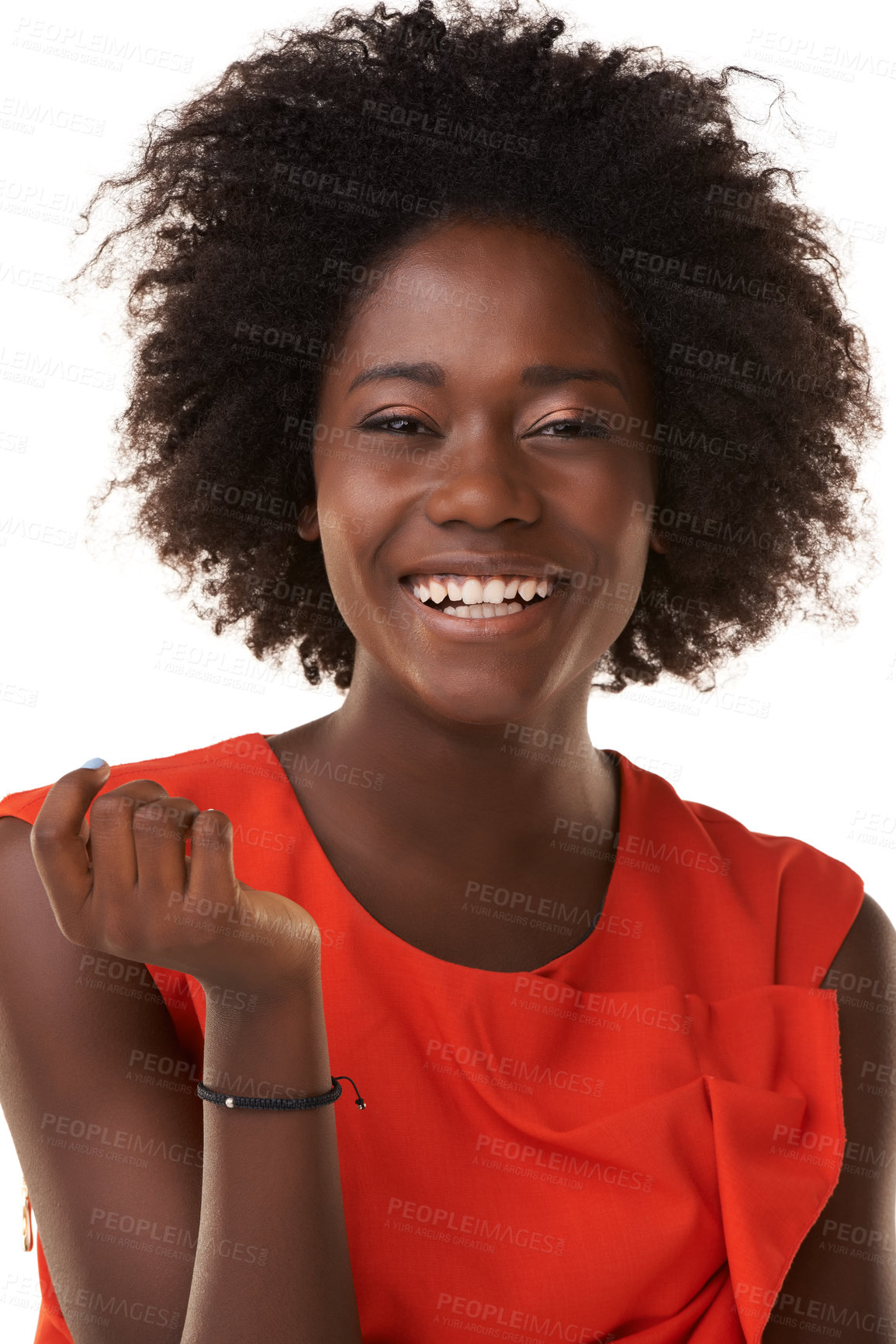 Buy stock photo Black woman afro, portrait smile and fashion for beauty style against a white studio background. Happy face of isolated African American woman model smiling with teeth for profile happiness