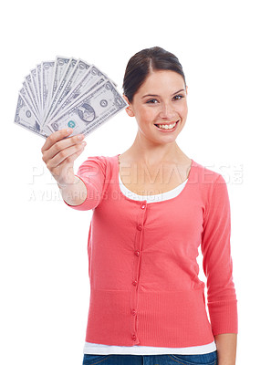 Buy stock photo Pretty young woman holding a big amount of money