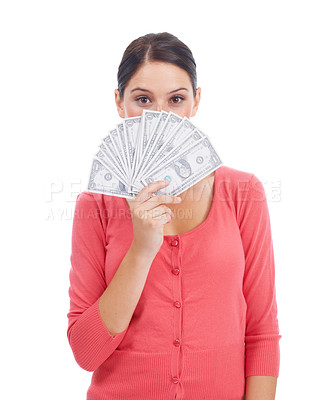 Buy stock photo Cash, deal and finance with portrait of woman for investment, success and growth. Money, dollar and wow with girl customer hiding isolated on white background for financial, winner and promotion