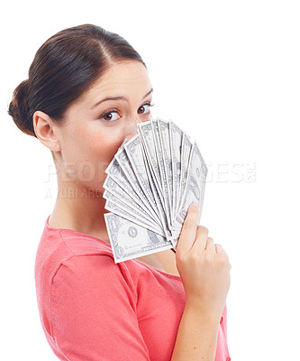 Buy stock photo Winner, money and success with portrait of woman for investment, savings and growth. Cash, dollar and wow with face of girl customer isolated on white background for financial, deal and promotion