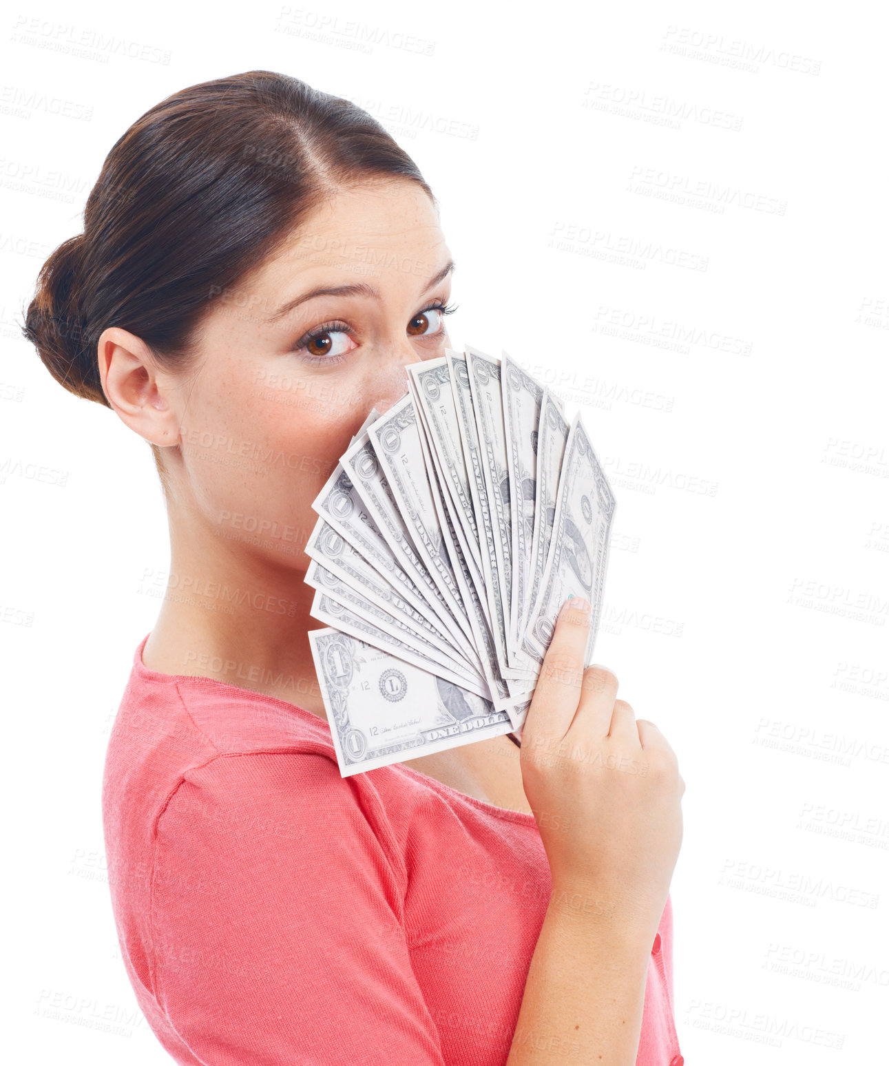 Buy stock photo Winner, money and success with portrait of woman for investment, savings and growth. Cash, dollar and wow with face of girl customer isolated on white background for financial, deal and promotion