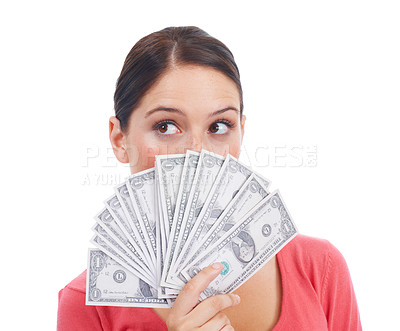 Buy stock photo Goal, winner and finance with woman and money for investment, success and growth. Cash, dollar and wow with face of girl customer isolated on white background for financial, deal and promotion