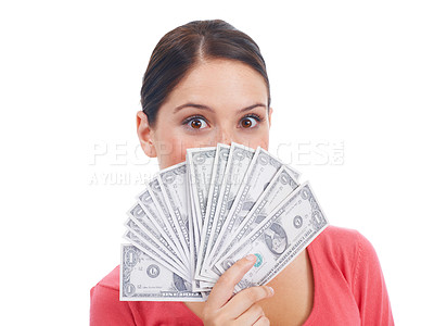Buy stock photo Finance, money and winner with portrait of woman for investment, success and growth. Cash, dollar and wow with girl customer hiding isolated on white background for financial, deal and promotion
