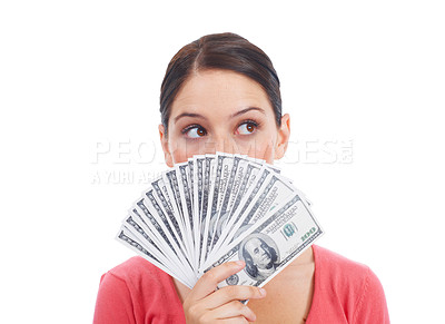 Buy stock photo Thinking, money fan and winner with woman in studio for investment, success and growth. Cash, dollar and hmm with curious customer isolated on white background for financial, sale and planning