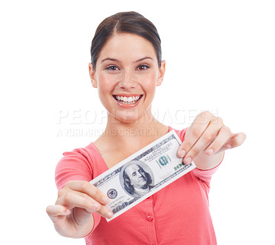 Buy stock photo Money, finance and smile with portrait of woman for investment, success and growth. Cash, dollar and wow with face of girl customer isolated on white background for financial, deal and promotion