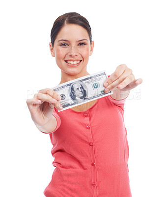 Buy stock photo Happy, smile and money with portrait of woman for investment and success in studio. Cash, dollar and wow with face of girl customer isolated on white background for financial, deal and promotion